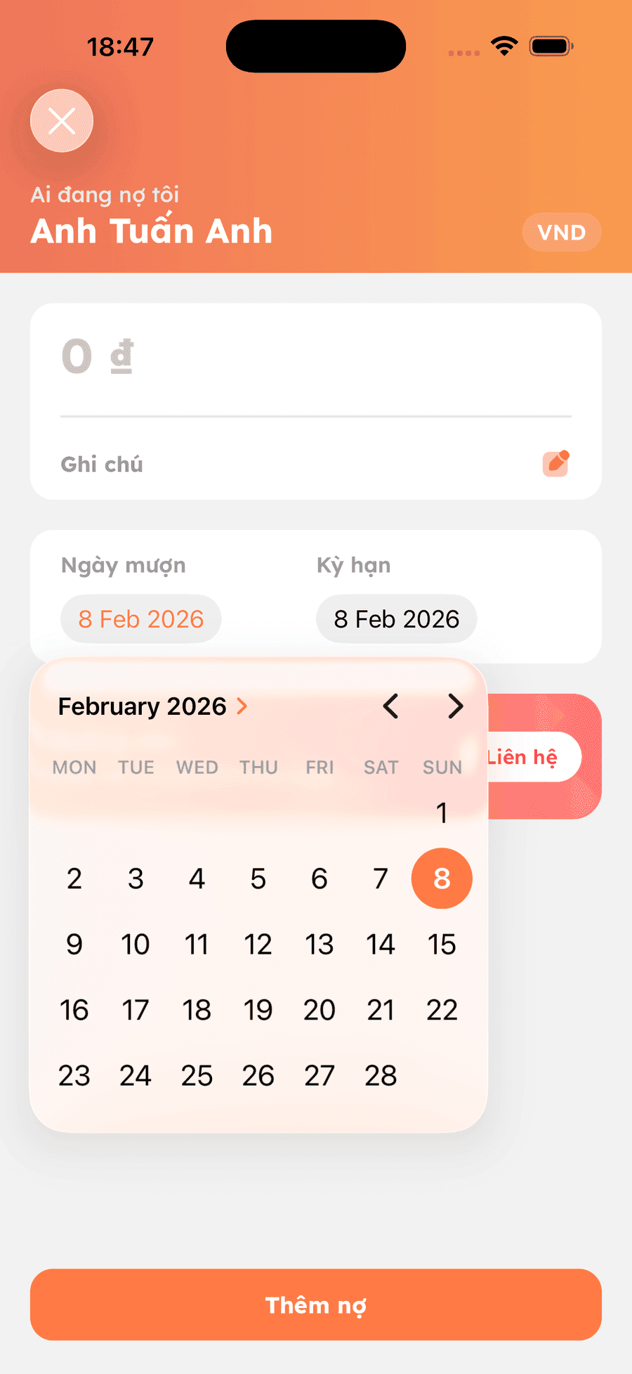 The same 'Add debt' screen running on an iPhone 17 Pro Max simulator: a native Liquid Glass close button in the orange header, borrow date and term shown as pill buttons, and a native translucent calendar popover with 8 February 2026 selected in orange