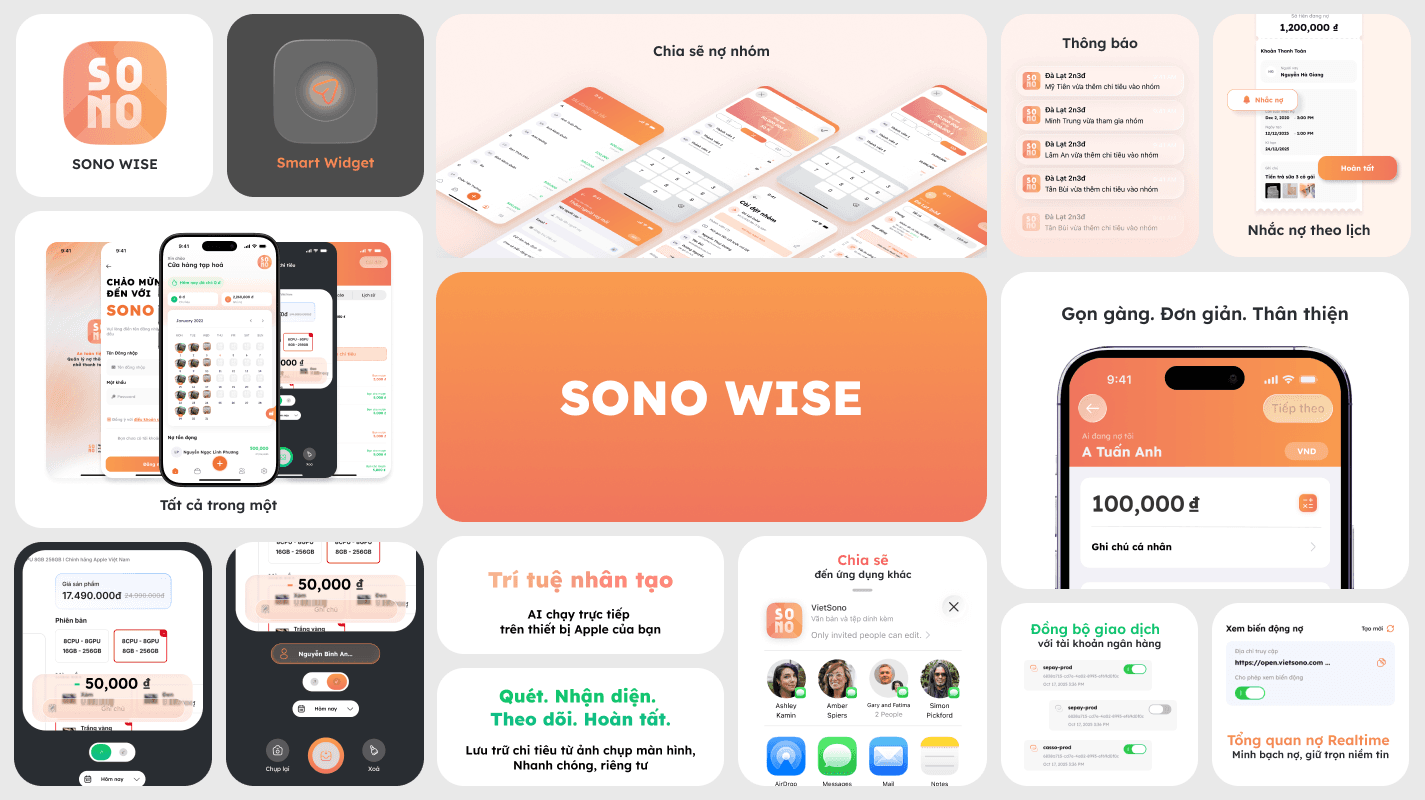 SONO SDK screens: capture a screen, recognise the text, track the item, and finish, with the SONO WISE brand